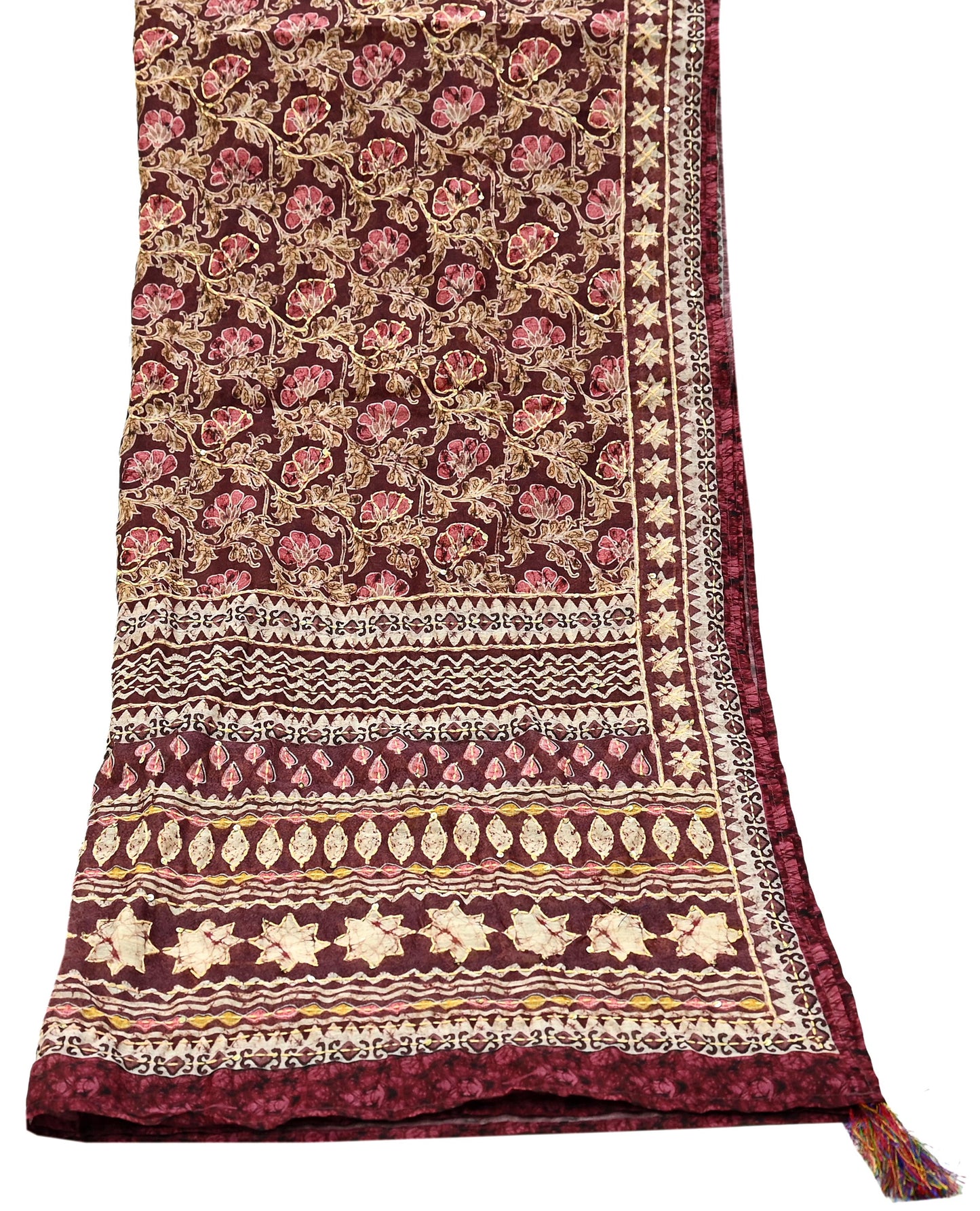 Indian Vintage Dupatta Maroon Long Stole Hand Embroidered kantha stole Scarves Veil Wrap Soft Floral
