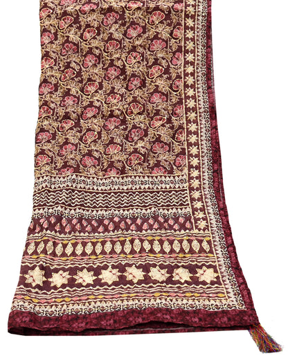 Indian Vintage Dupatta Maroon Long Stole Hand Embroidered kantha stole Scarves Veil Wrap Soft Floral