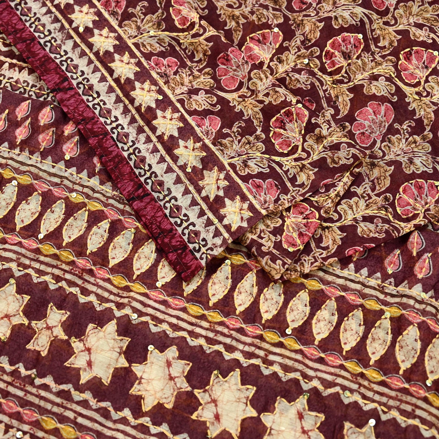 Indian Vintage Dupatta Maroon Long Stole Hand Embroidered kantha stole Scarves Veil Wrap Soft Floral