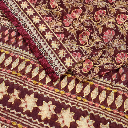 Indian Vintage Dupatta Maroon Long Stole Hand Embroidered kantha stole Scarves Veil Wrap Soft Floral
