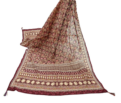 Indian Vintage Dupatta Maroon Long Stole Hand Embroidered kantha stole Scarves Veil Wrap Soft Floral