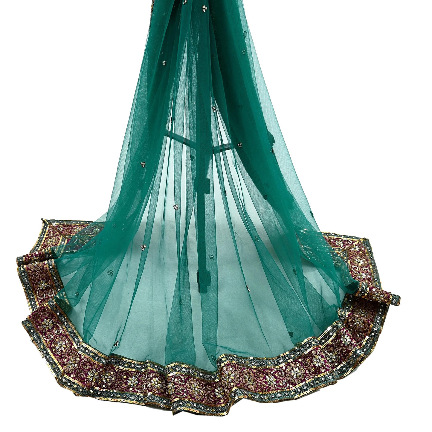 Indian Vintage Heavy Bridal Green Net Dupatta | Hand Embroidered Zardozi Zari Sequins Stole | Floral Design Hijab Veil | Wedding/Party Wear