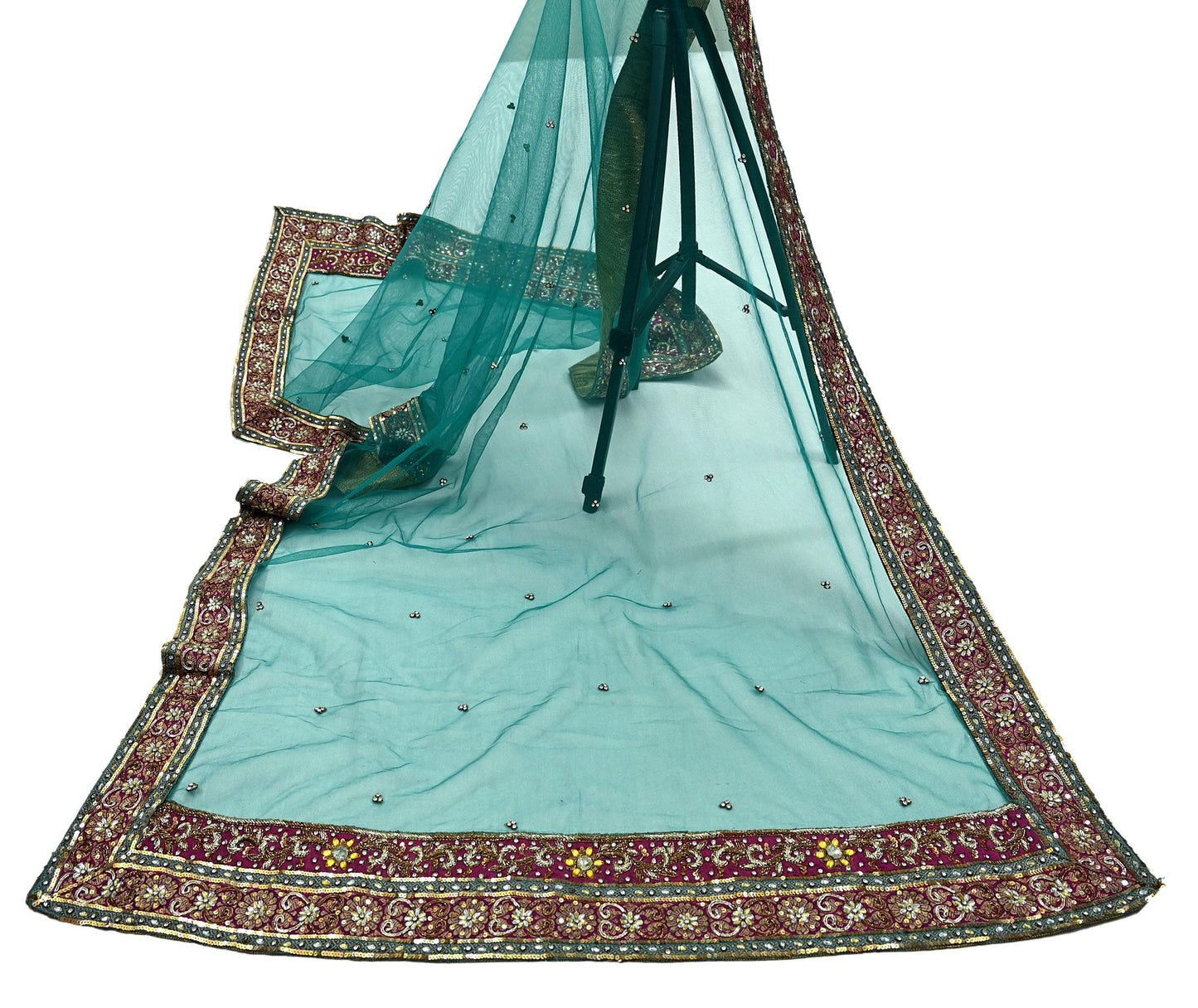 Indian Vintage Heavy Bridal Green Net Dupatta | Hand Embroidered Zardozi Zari Sequins Stole | Floral Design Hijab Veil | Wedding/Party Wear