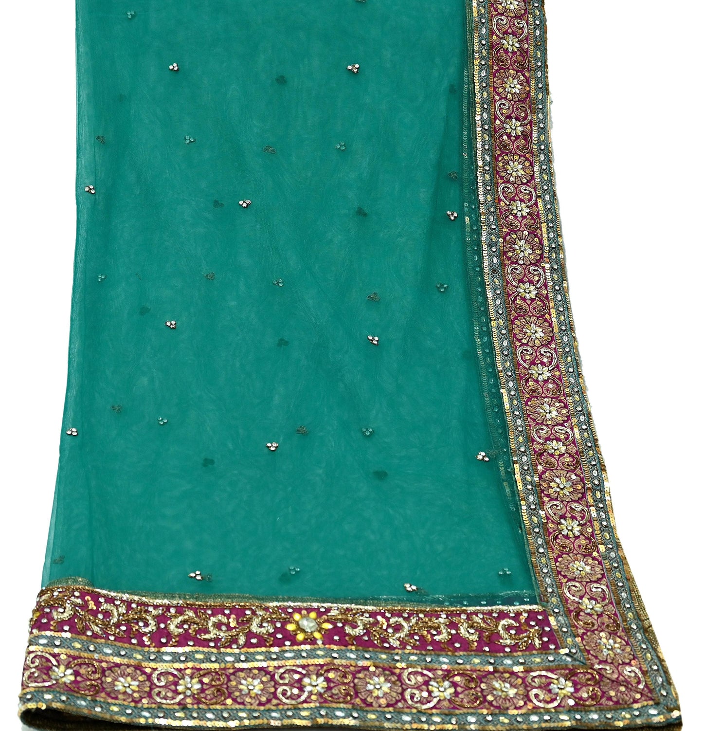 Indian Vintage Heavy Bridal Green Net Dupatta | Hand Embroidered Zardozi Zari Sequins Stole | Floral Design Hijab Veil | Wedding/Party Wear