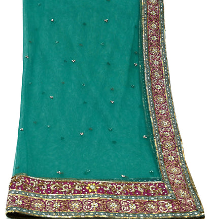 Indian Vintage Heavy Bridal Green Net Dupatta | Hand Embroidered Zardozi Zari Sequins Stole | Floral Design Hijab Veil | Wedding/Party Wear