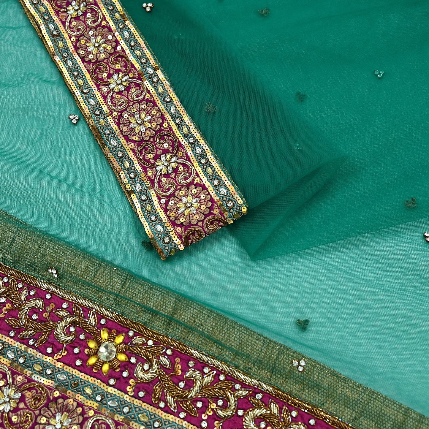 Indian Vintage Heavy Bridal Green Net Dupatta | Hand Embroidered Zardozi Zari Sequins Stole | Floral Design Hijab Veil | Wedding/Party Wear