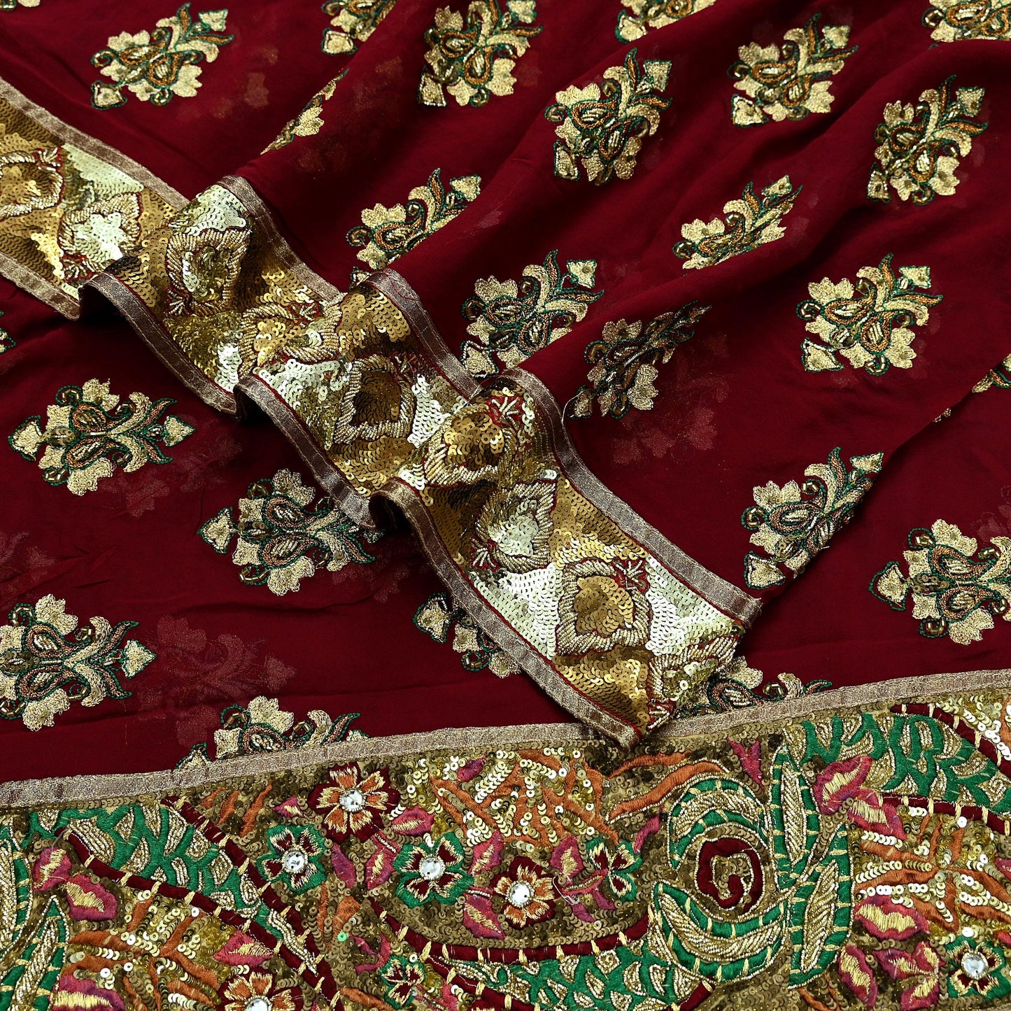 Indian Vintage Heavy Bridal Dupatta Maroon Pure Georgette Silk Long Stole Hand Embroidered Scarf Zardozi/Dabka Zari Wedding/Party Dupatta