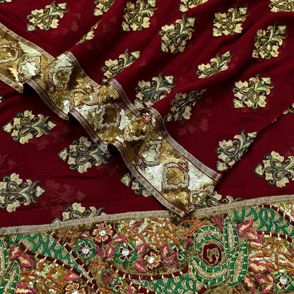 Indian Vintage Heavy Bridal Dupatta Maroon Pure Georgette Silk Long Stole Hand Embroidered Scarf Zardozi/Dabka Zari Wedding/Party Dupatta