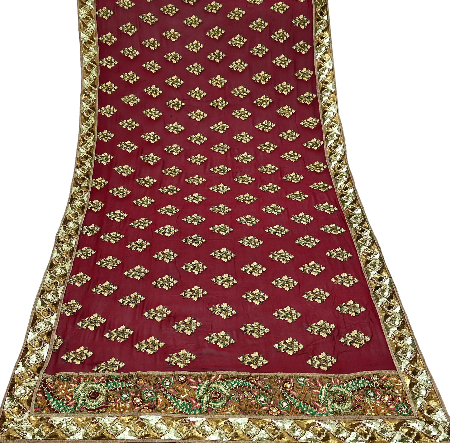 Indian Vintage Heavy Bridal Dupatta Maroon Pure Georgette Silk Long Stole Hand Embroidered Scarf Zardozi/Dabka Zari Wedding/Party Dupatta