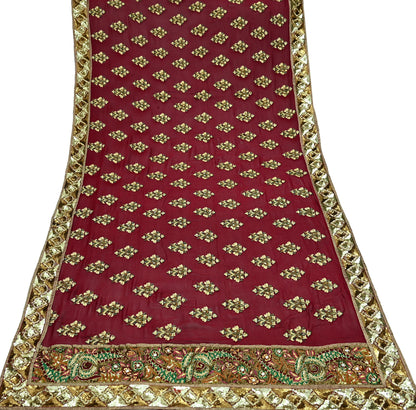 Indian Vintage Heavy Bridal Dupatta Maroon Pure Georgette Silk Long Stole Hand Embroidered Scarf Zardozi/Dabka Zari Wedding/Party Dupatta