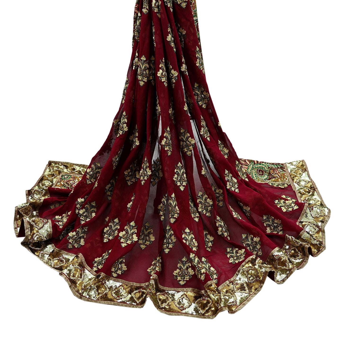 Indian Vintage Heavy Bridal Dupatta Maroon Pure Georgette Silk Long Stole Hand Embroidered Scarf Zardozi/Dabka Zari Wedding/Party Dupatta