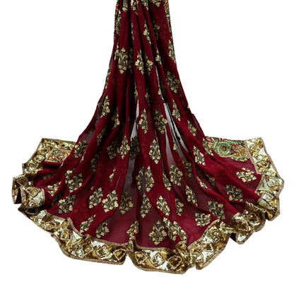 Indian Vintage Heavy Bridal Dupatta Maroon Pure Georgette Silk Long Stole Hand Embroidered Scarf Zardozi/Dabka Zari Wedding/Party Dupatta