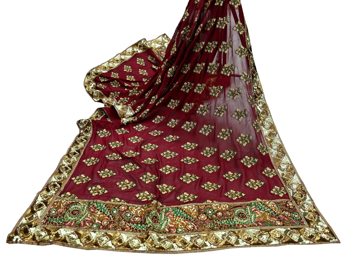 Indian Vintage Heavy Bridal Dupatta Maroon Pure Georgette Silk Long Stole Hand Embroidered Scarf Zardozi/Dabka Zari Wedding/Party Dupatta