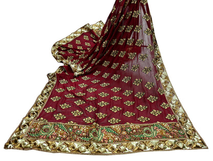 Indian Vintage Heavy Bridal Dupatta Maroon Pure Georgette Silk Long Stole Hand Embroidered Scarf Zardozi/Dabka Zari Wedding/Party Dupatta