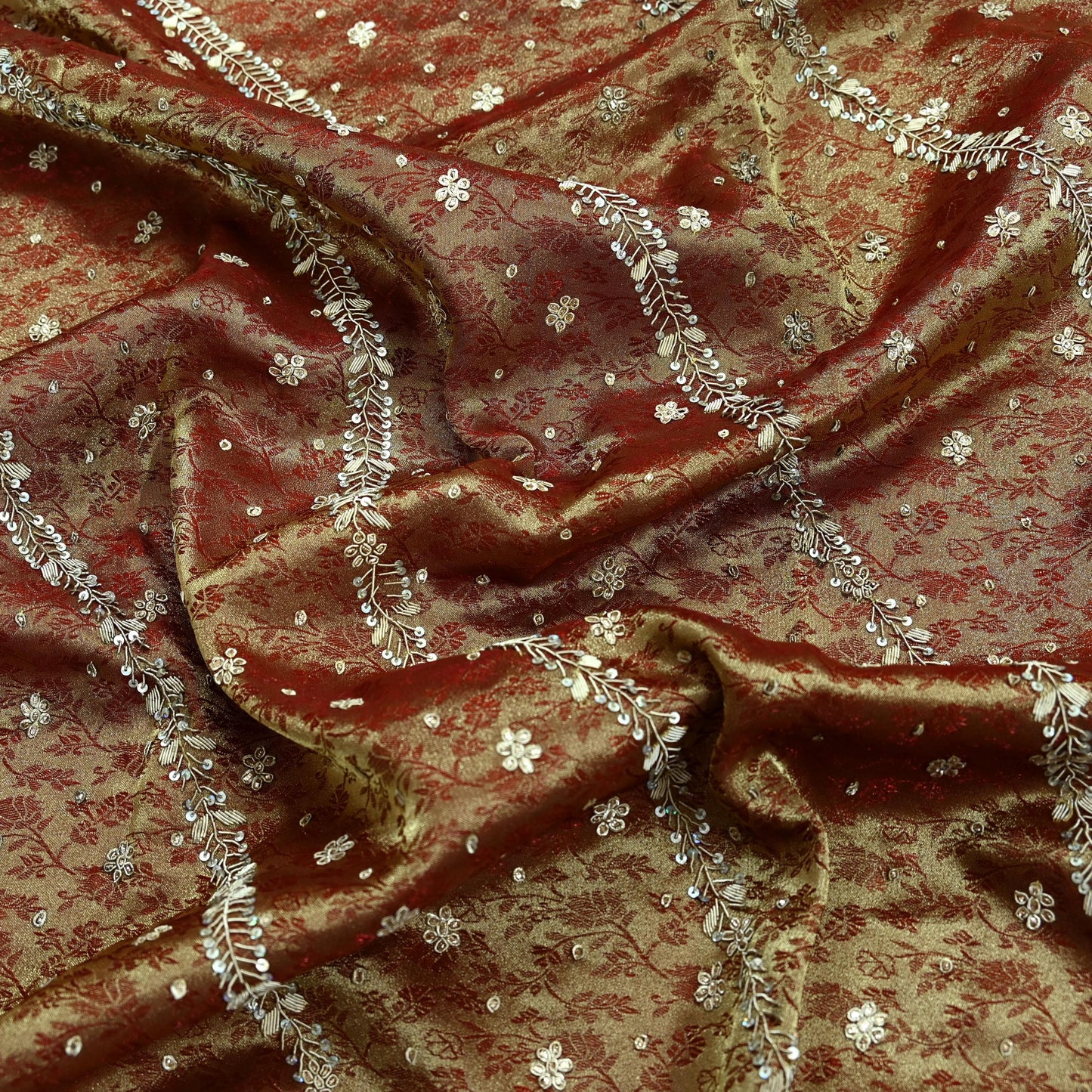 Indian Vintage Heavy Bridal Dupatta Golden Maroon Pure Tissue Silk Long Stole Hand Embroidered Scarves Zari Zardozi/Dabka Wedding Hijab