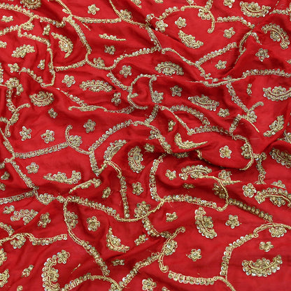 Indian Vintage Red Dupatta Pure Chiffon silk Long Stole Hand Embroidered Scarves Floral Design Stole Veil Wrap Zari Zardozi
