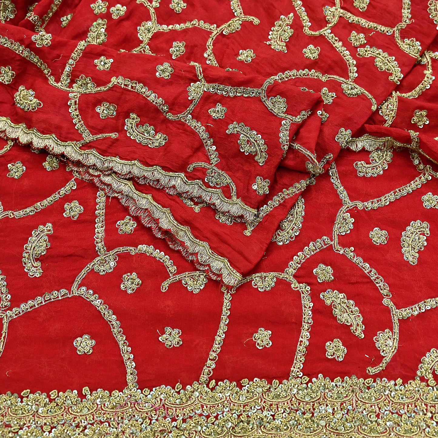 Indian Vintage Red Dupatta Pure Chiffon silk Long Stole Hand Embroidered Scarves Floral Design Stole Veil Wrap Zari Zardozi