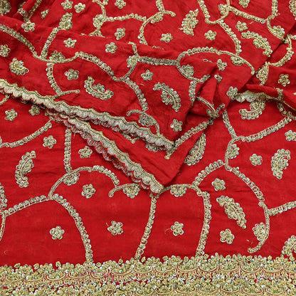 Indian Vintage Red Dupatta Pure Chiffon silk Long Stole Hand Embroidered Scarves Floral Design Stole Veil Wrap Zari Zardozi