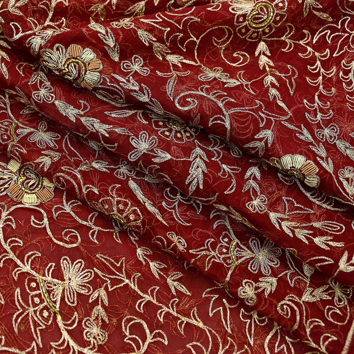 Indian Vintage Heavy Maroon Dupatta Pure Chiffon silk Long Stole Hand Embroidered Scarves Floral Design Stole Veil Wrap Zari Zardozi