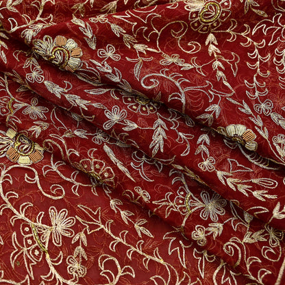 Indian Vintage Heavy Maroon Dupatta Pure Chiffon silk Long Stole Hand Embroidered Scarves Floral Design Stole Veil Wrap Zari Zardozi