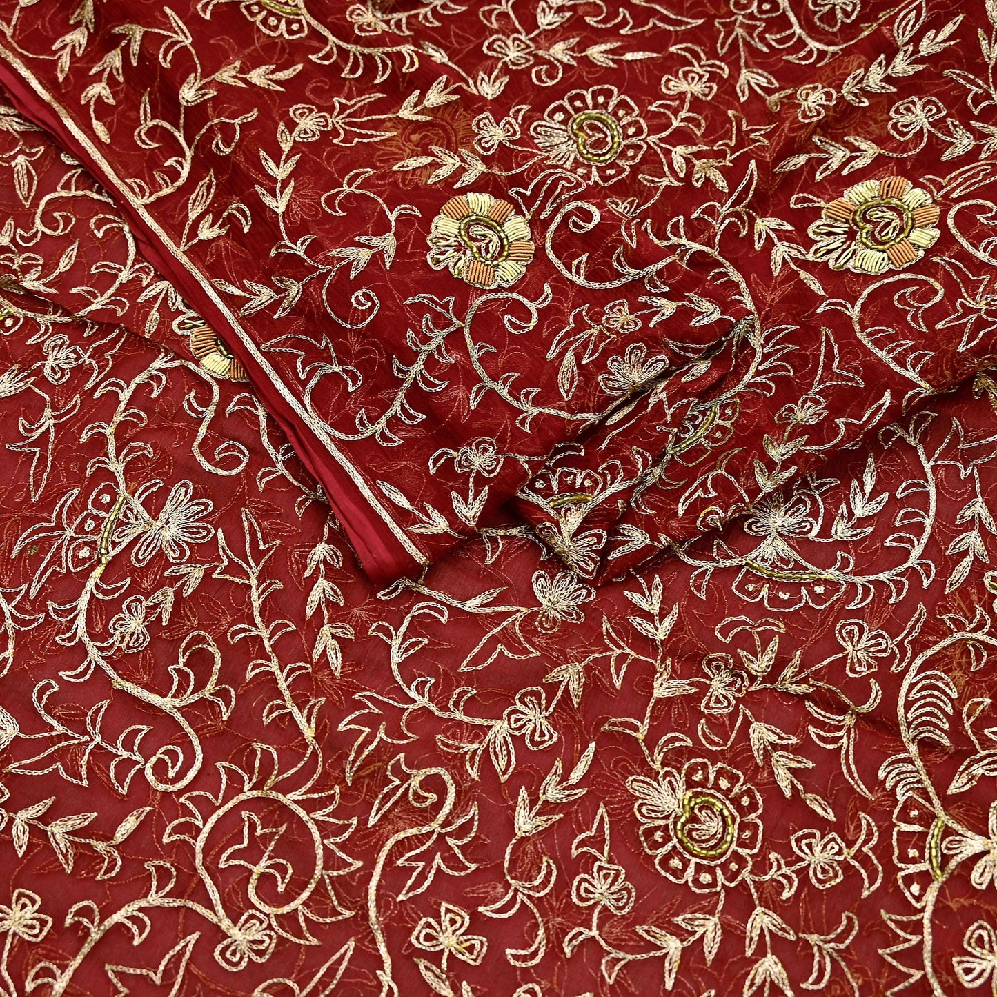 Indian Vintage Heavy Maroon Dupatta Pure Chiffon silk Long Stole Hand Embroidered Scarves Floral Design Stole Veil Wrap Zari Zardozi