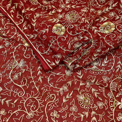 Indian Vintage Heavy Maroon Dupatta Pure Chiffon silk Long Stole Hand Embroidered Scarves Floral Design Stole Veil Wrap Zari Zardozi