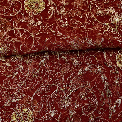 Indian Vintage Heavy Maroon Dupatta Pure Chiffon silk Long Stole Hand Embroidered Scarves Floral Design Stole Veil Wrap Zari Zardozi