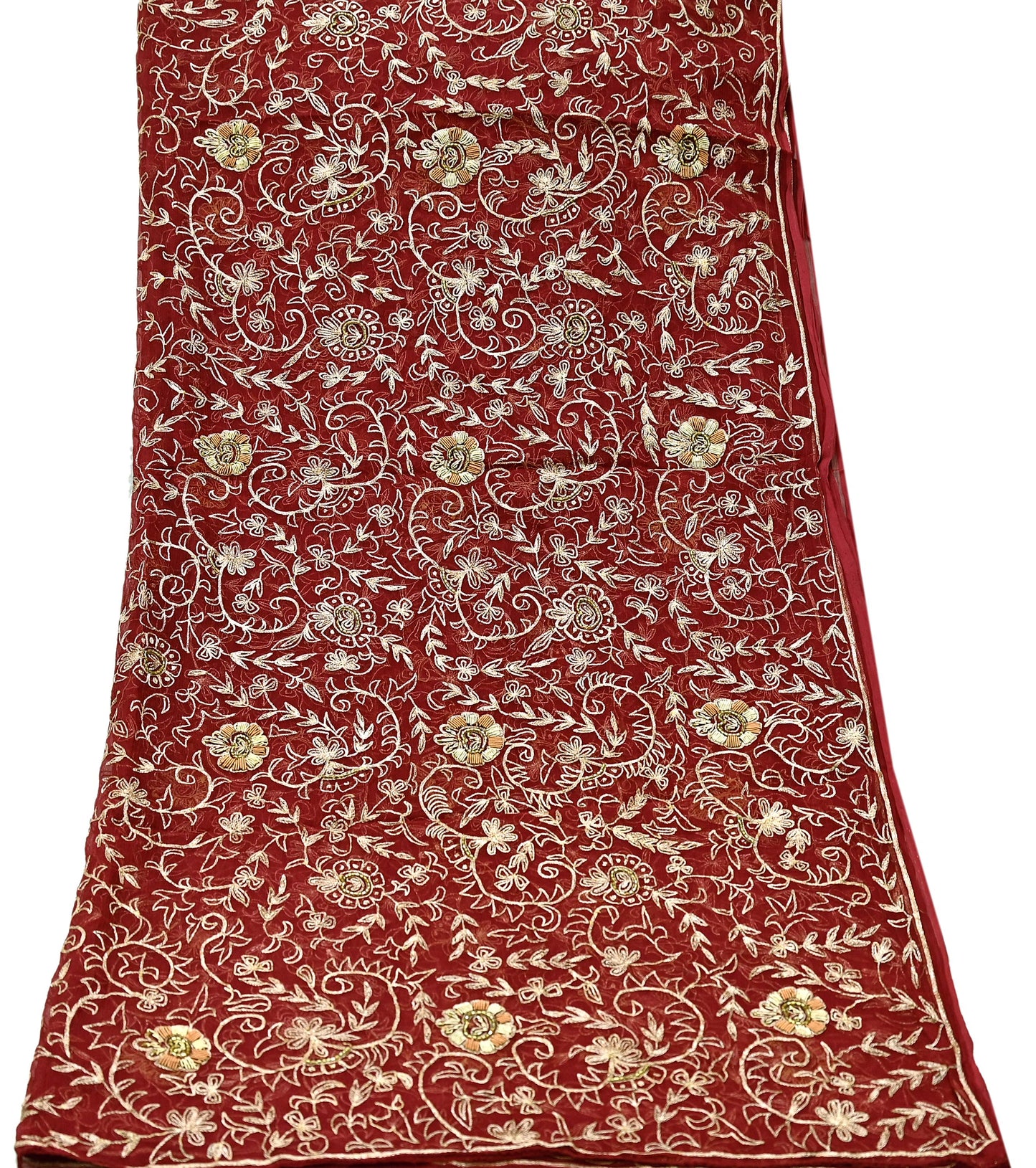 Indian Vintage Heavy Maroon Dupatta Pure Chiffon silk Long Stole Hand Embroidered Scarves Floral Design Stole Veil Wrap Zari Zardozi