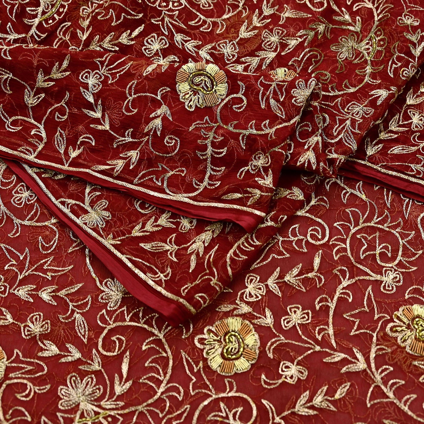 Indian Vintage Heavy Maroon Dupatta Pure Chiffon silk Long Stole Hand Embroidered Scarves Floral Design Stole Veil Wrap Zari Zardozi