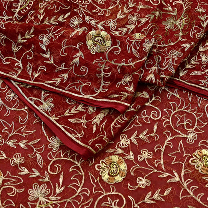 Indian Vintage Heavy Maroon Dupatta Pure Chiffon silk Long Stole Hand Embroidered Scarves Floral Design Stole Veil Wrap Zari Zardozi