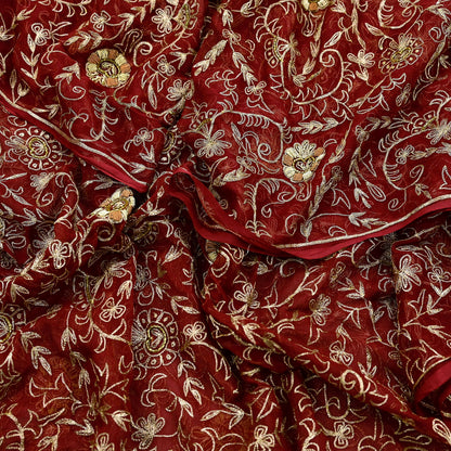 Indian Vintage Heavy Maroon Dupatta Pure Chiffon silk Long Stole Hand Embroidered Scarves Floral Design Stole Veil Wrap Zari Zardozi