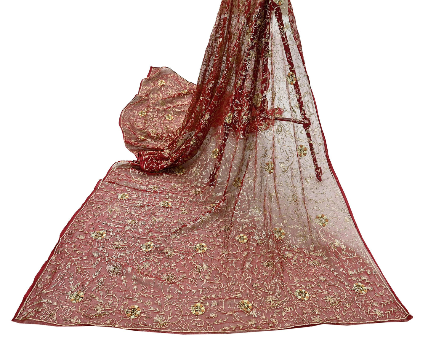 Indian Vintage Heavy Maroon Dupatta Pure Chiffon silk Long Stole Hand Embroidered Scarves Floral Design Stole Veil Wrap Zari Zardozi
