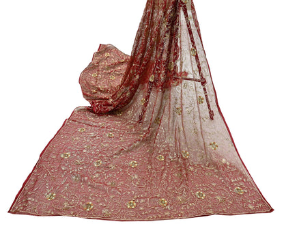 Indian Vintage Heavy Maroon Dupatta Pure Chiffon silk Long Stole Hand Embroidered Scarves Floral Design Stole Veil Wrap Zari Zardozi