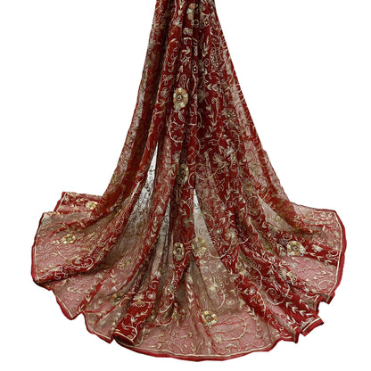 Indian Vintage Heavy Maroon Dupatta Pure Chiffon silk Long Stole Hand Embroidered Scarves Floral Design Stole Veil Wrap Zari Zardozi