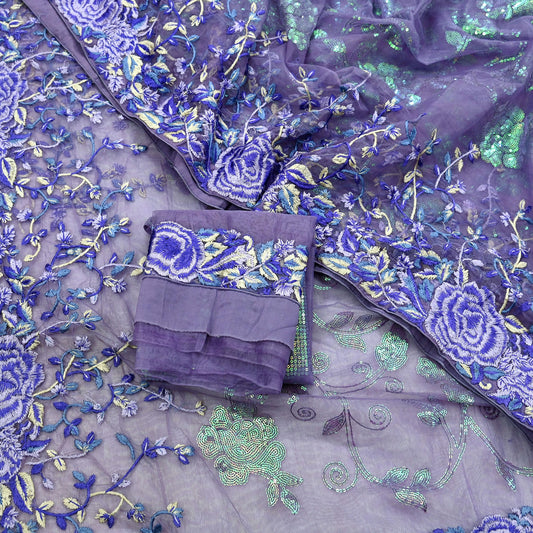 Indian Vintage Heavy Sari Purple Net/Mesh Embroidered Sarees Fabric 5Yd Sewing Soft Floral Craft Fabric Dress making Crafting Bollywood sari