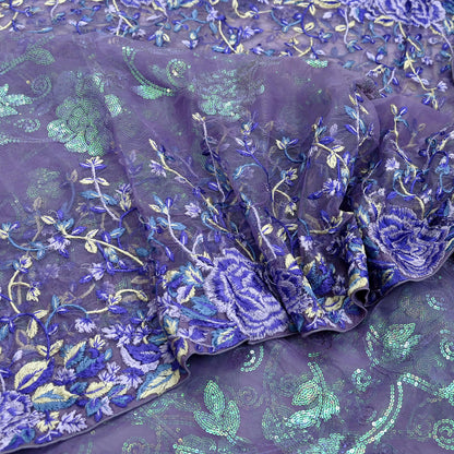 Indian Vintage Heavy Sari Purple Net/Mesh Embroidered Sarees Fabric 5Yd Sewing Soft Floral Craft Fabric Dress making Crafting Bollywood sari