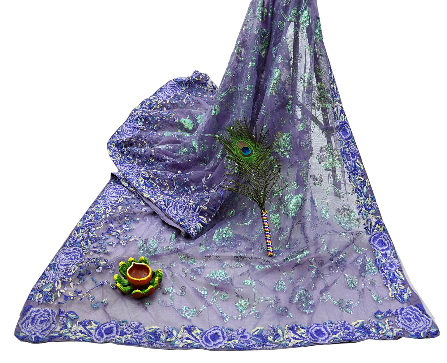 Indian Vintage Heavy Sari Purple Net/Mesh Embroidered Sarees Fabric 5Yd Sewing Soft Floral Craft Fabric Dress making Crafting Bollywood sari