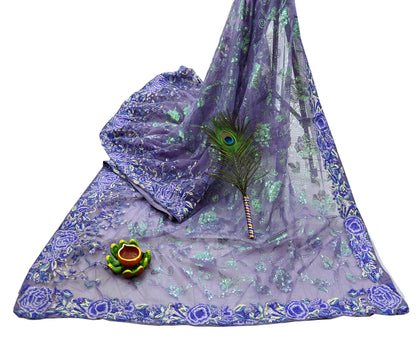 Indian Vintage Heavy Sari Purple Net/Mesh Embroidered Sarees Fabric 5Yd Sewing Soft Floral Craft Fabric Dress making Crafting Bollywood sari