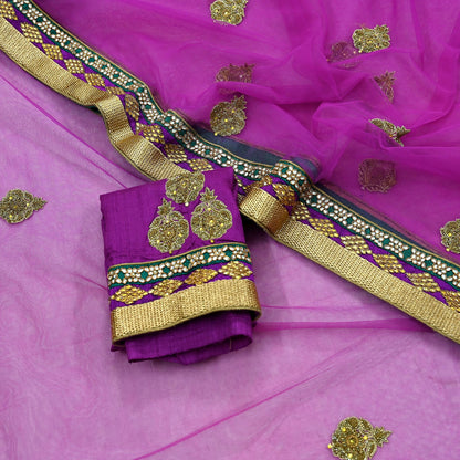 Indian Vintage Purple Net Saree | Heavy Hand Embroidery |5 Yards Soft Mesh Fabric | Includes Blouse & Ideal for Crafting Wedding Wear