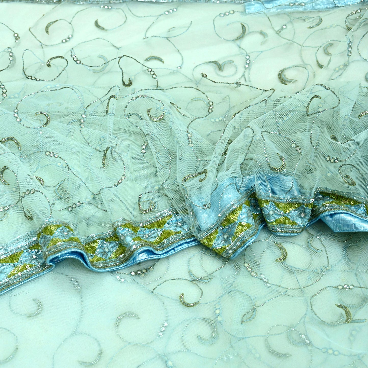 Indian Vintage Sea Green Net Saree | Heavy Hand Embroidery |6 Yards Soft Mesh Fabric | Includes Blouse & Ideal for Crafting Wedding Wear