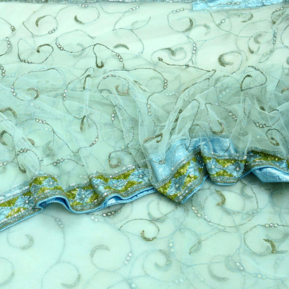 Indian Vintage Sea Green Net Saree | Heavy Hand Embroidery |6 Yards Soft Mesh Fabric | Includes Blouse & Ideal for Crafting Wedding Wear