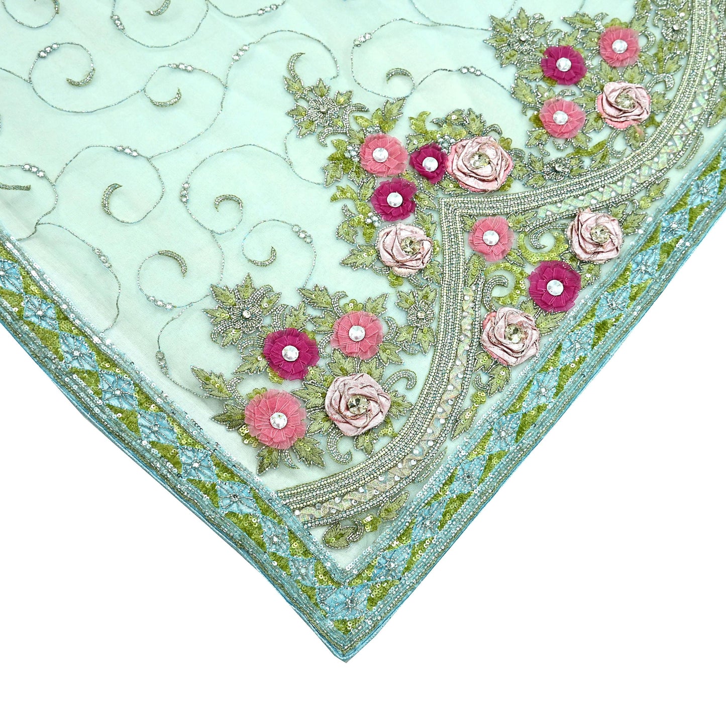 Indian Vintage Sea Green Net Saree | Heavy Hand Embroidery |6 Yards Soft Mesh Fabric | Includes Blouse & Ideal for Crafting Wedding Wear