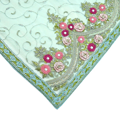 Indian Vintage Sea Green Net Saree | Heavy Hand Embroidery |6 Yards Soft Mesh Fabric | Includes Blouse & Ideal for Crafting Wedding Wear