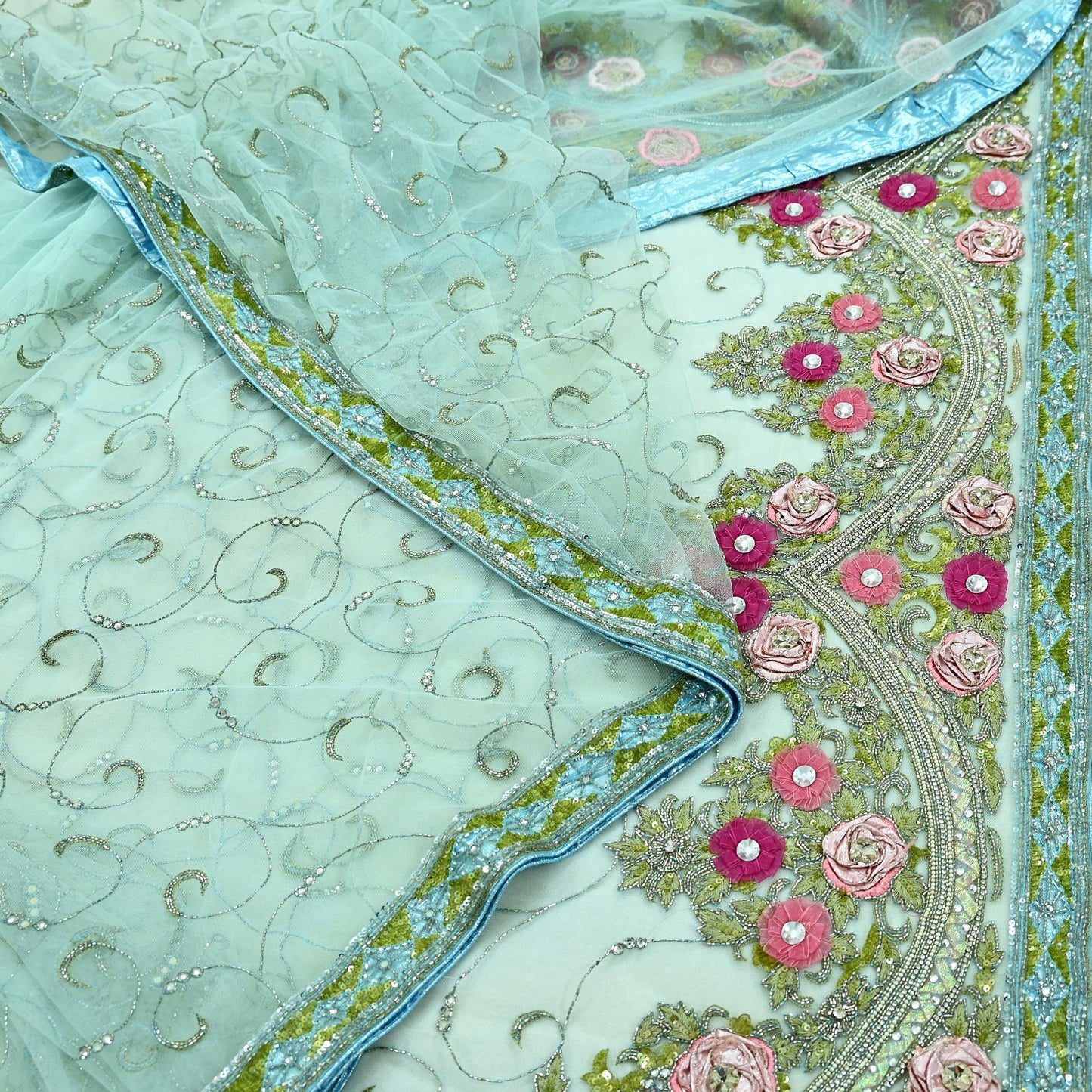 Indian Vintage Sea Green Net Saree | Heavy Hand Embroidery |6 Yards Soft Mesh Fabric | Includes Blouse & Ideal for Crafting Wedding Wear