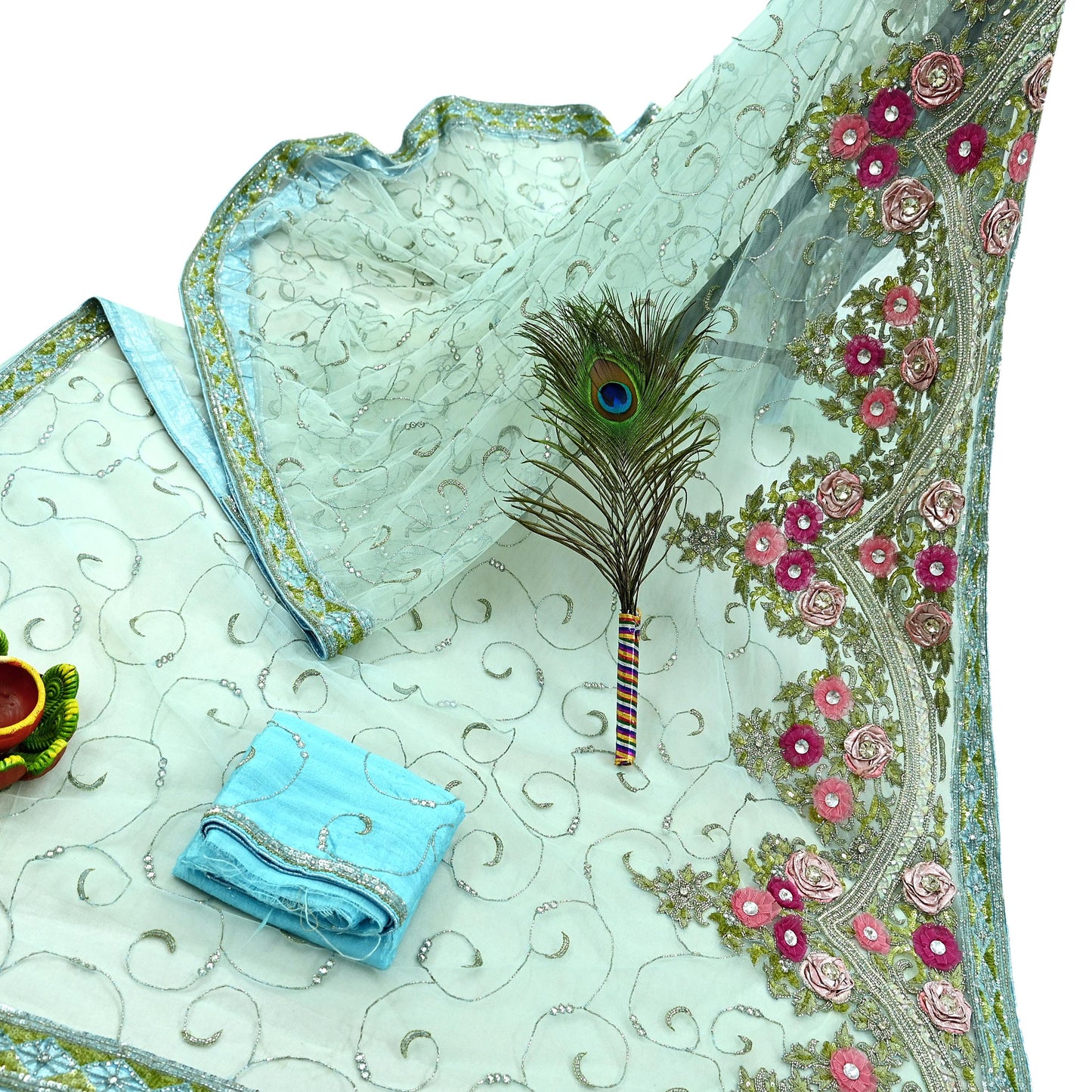 Indian Vintage Sea Green Net Saree | Heavy Hand Embroidery |6 Yards Soft Mesh Fabric | Includes Blouse & Ideal for Crafting Wedding Wear