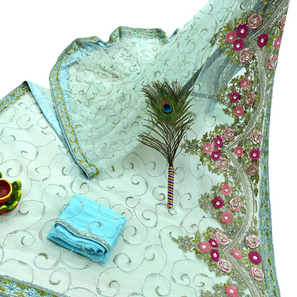Indian Vintage Sea Green Net Saree | Heavy Hand Embroidery |6 Yards Soft Mesh Fabric | Includes Blouse & Ideal for Crafting Wedding Wear