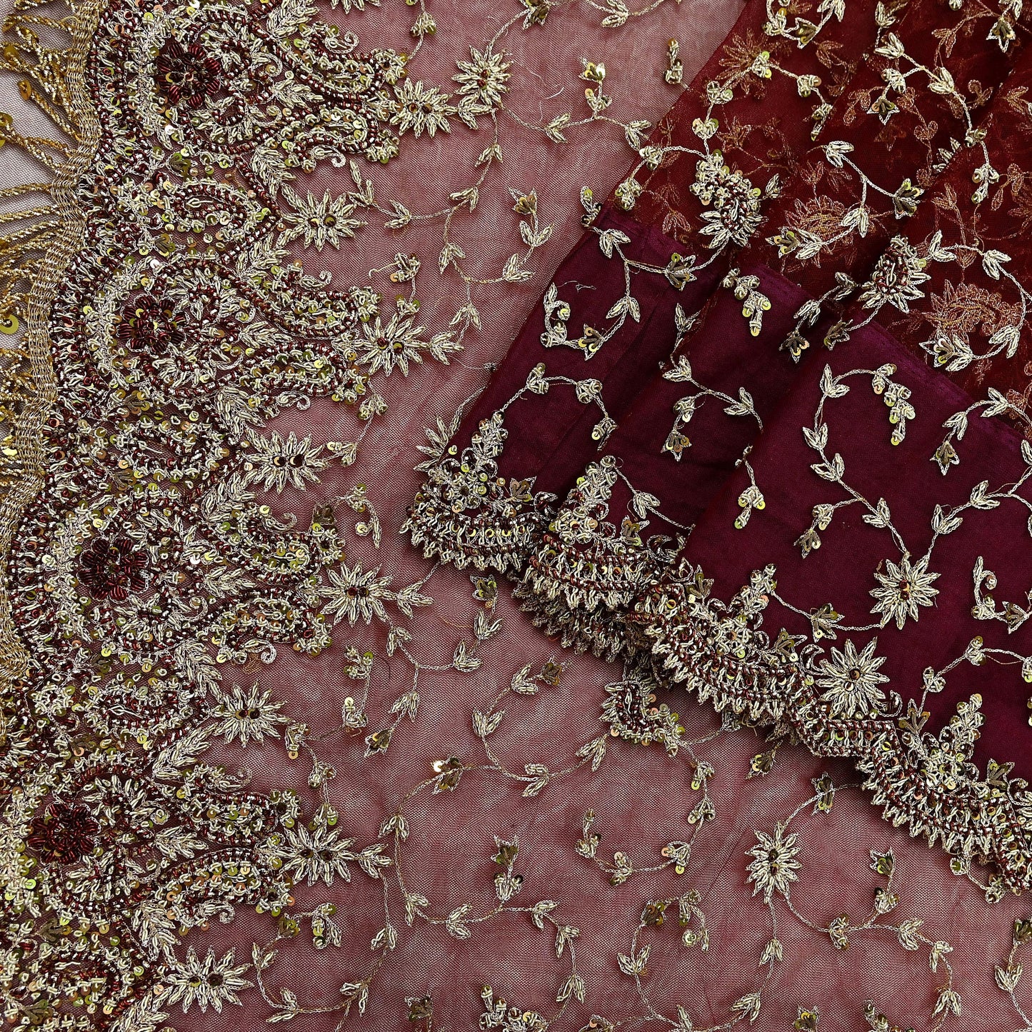 Indian Vintage Heavy Sari Maroon Net/Mesh Hand Embroidered Sarees Craft Fabric 6Yd Sewing Soft Zardozi/Dabka Zari Sequins Wedding sarees