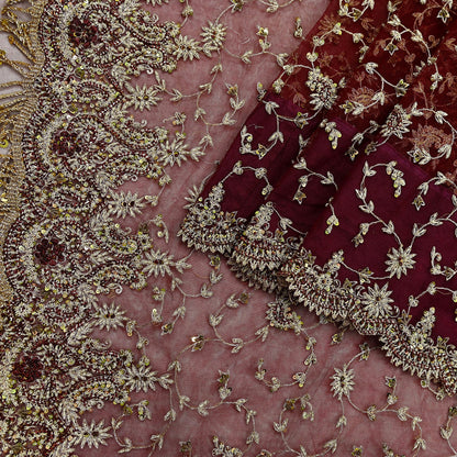 Indian Vintage Heavy Sari Maroon Net/Mesh Hand Embroidered Sarees Craft Fabric 6Yd Sewing Soft Zardozi/Dabka Zari Sequins Wedding sarees