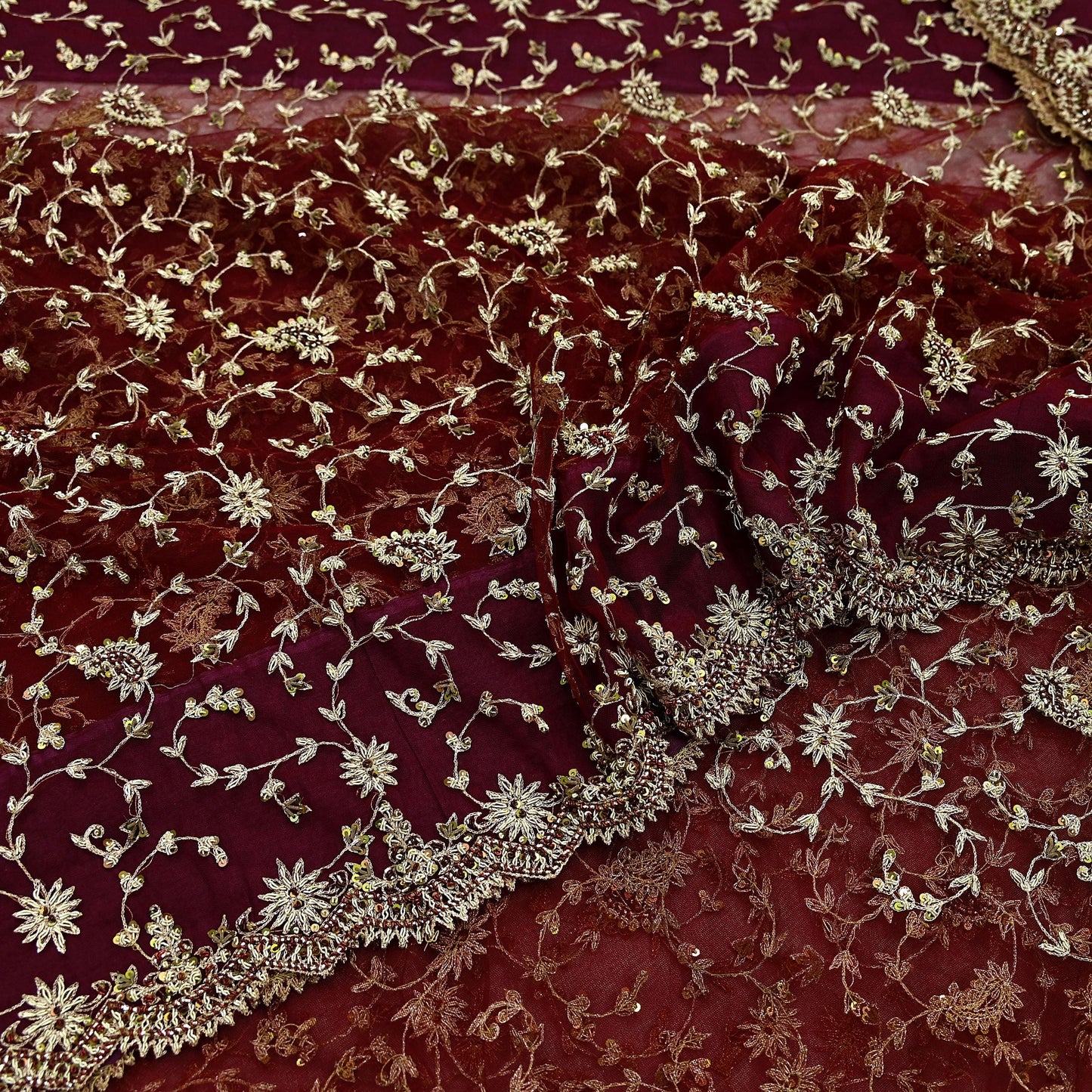 Indian Vintage Heavy Sari Maroon Net/Mesh Hand Embroidered Sarees Craft Fabric 6Yd Sewing Soft Zardozi/Dabka Zari Sequins Wedding sarees