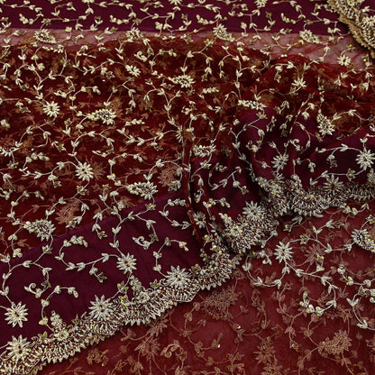 Indian Vintage Heavy Sari Maroon Net/Mesh Hand Embroidered Sarees Craft Fabric 6Yd Sewing Soft Zardozi/Dabka Zari Sequins Wedding sarees